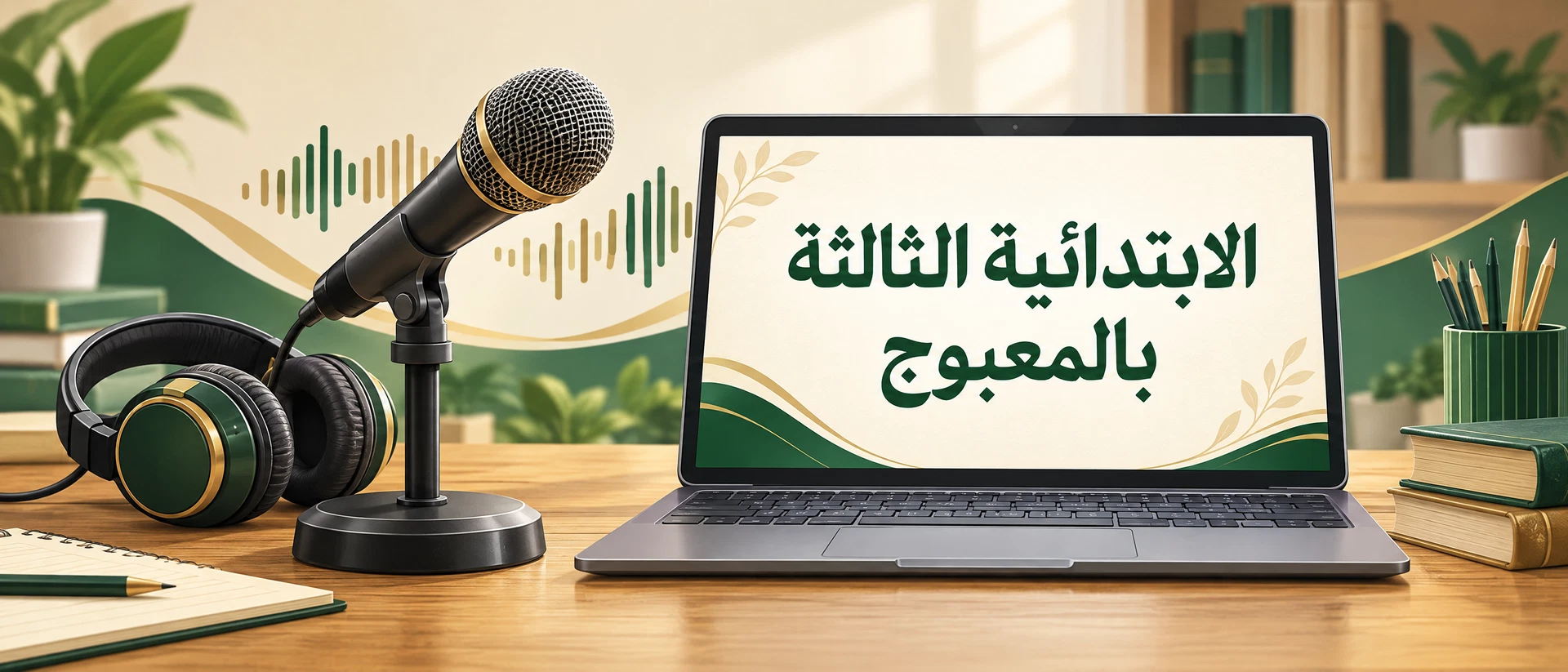 ملصق إذاعة مدرسية يضم ميكروفونًا وحاسوبًا محمولًا وشاشة تحمل اسم المدرسة
